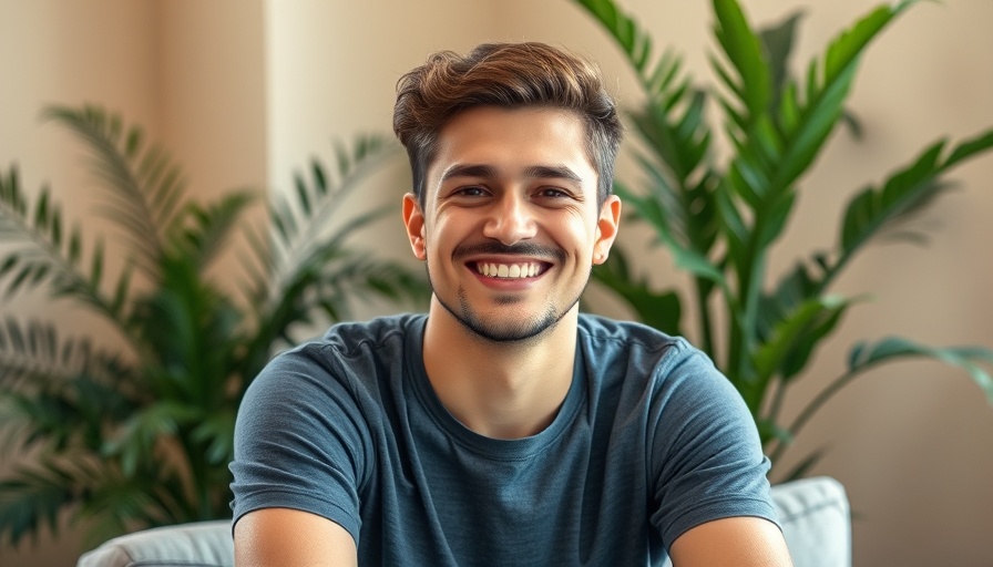 Smiling man in a relaxed setting representing mental health.