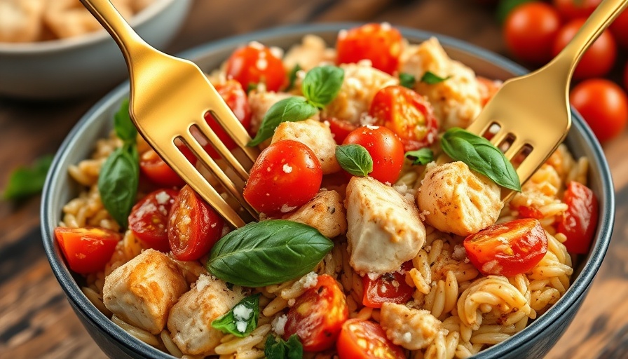 Greek Chicken Orzo Casserole with vegetables and cheese served with forks.