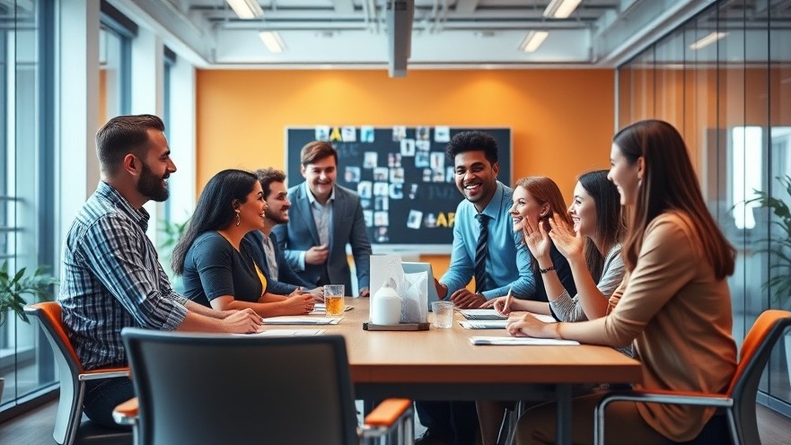 Vibrant office scene showcasing diverse employees in animated discussion, enhancing workplace culture.