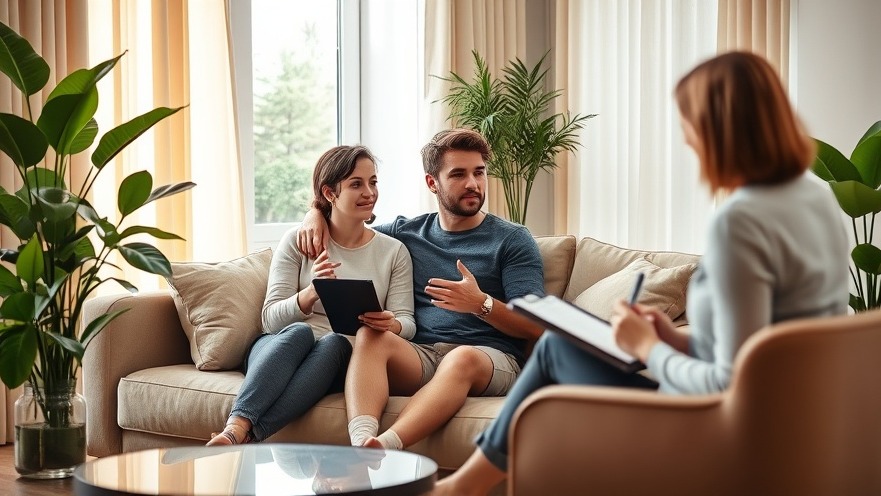 Young couple in therapy session, expressing emotions, modern warm setting.