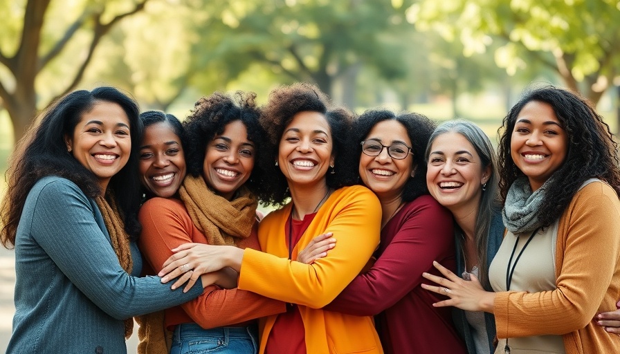 Diverse women embracing in a sunny park, smiling warmly.