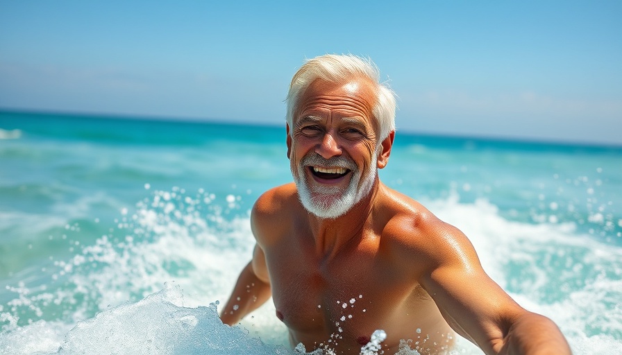 Happy older man surfing in ocean, optimize testosterone naturally, vibrant and energetic scene.