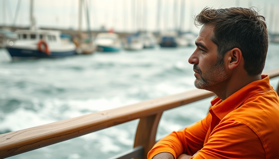 Thoughtful man contemplating by the sea, men's mental health progress.