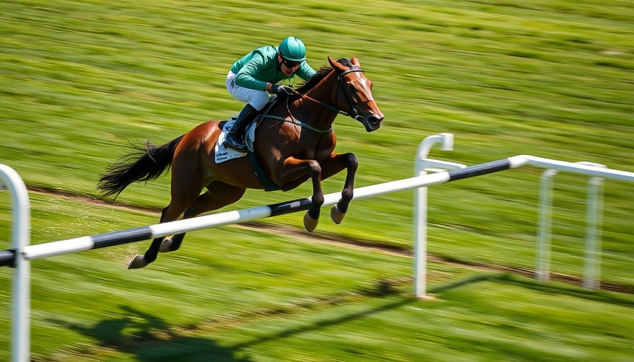 Triumph Hurdle 2025 racehorse jumping over a hurdle on a grassy track.
