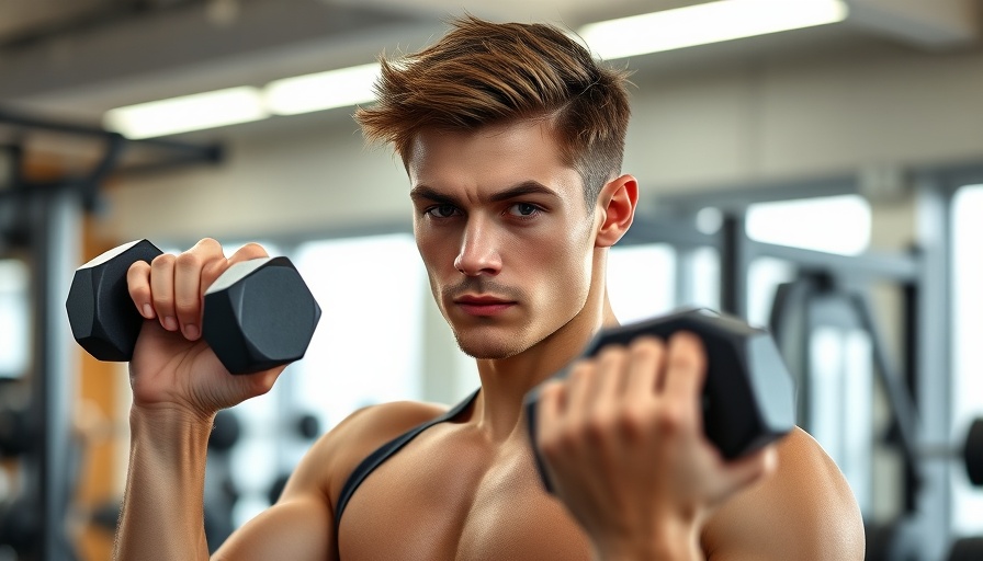 Young man lifting dumbbell, gym environment, one set enough to build muscle