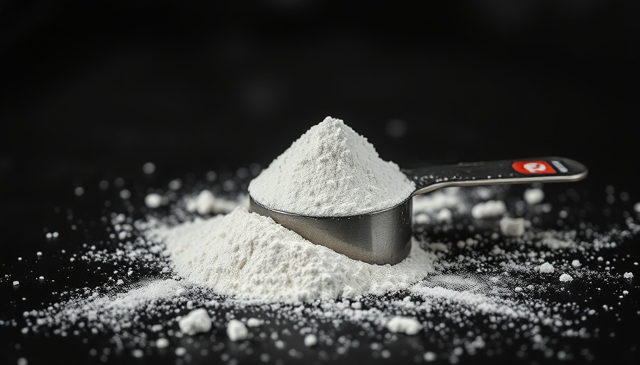 Fine white creatine powder in scoop against black background.