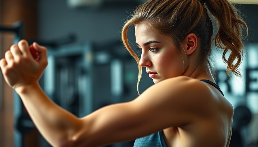 Young woman performing upper-body workout routine with dumbbells.