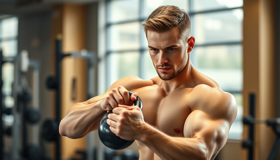 Fit man doing kettlebell abs exercise in modern gym.