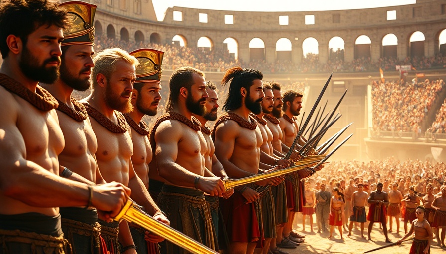 Gladiators, fierce and ready in an ancient arena, train like a gladiator workout aesthetic.