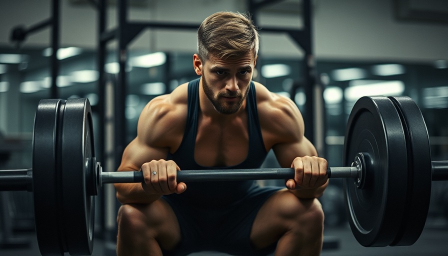 Focused man performing full-body gym workout with barbell in gym.