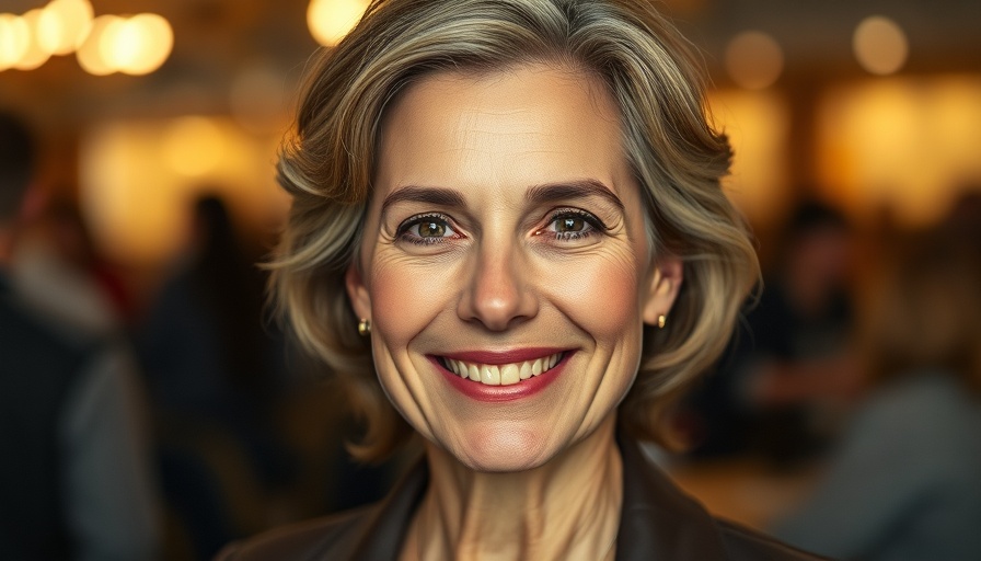 Confident woman smiling at event promoting women's health tips.