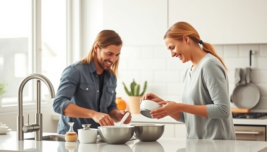 Cheerful couple doing dishes in a kitchen highlighting gender chore gap.