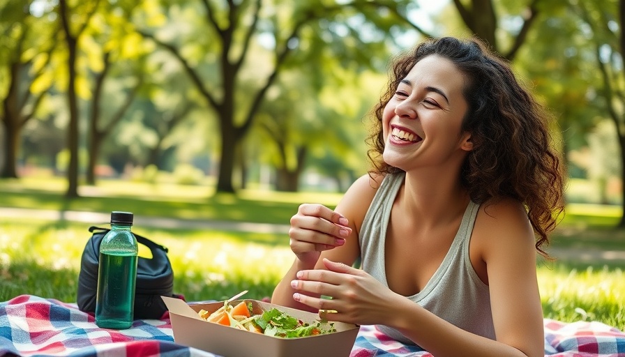 Woman enjoying healthy meal in park, promoting Healthy Summer Food Habits.