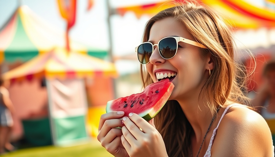 Glastonbury nutrition tips: Woman eating watermelon outdoors.