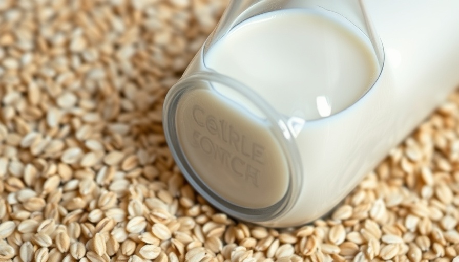 Glass bottle of oat milk on rolled oats background.