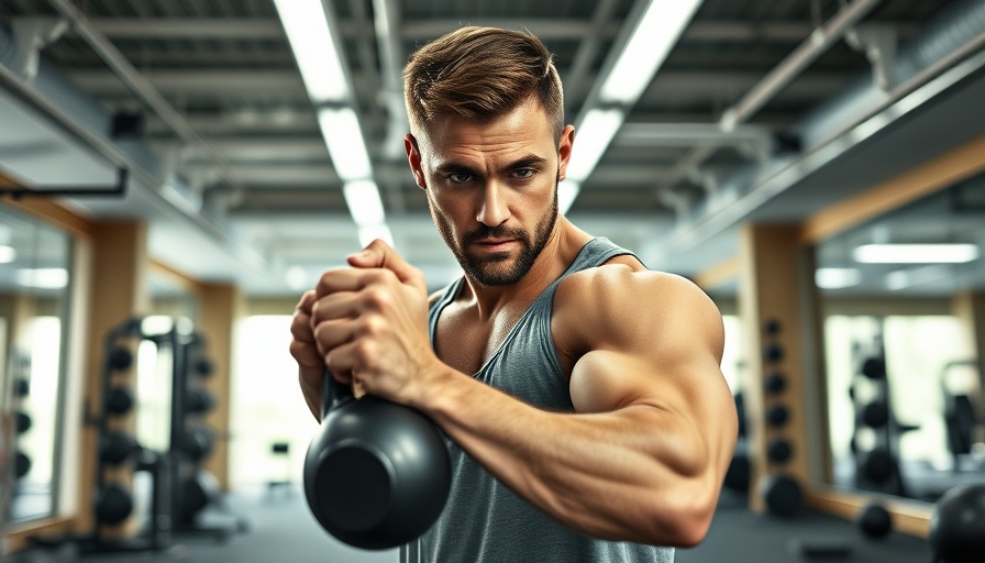 Athletic man performing 20-minute kettlebell workout in gym.