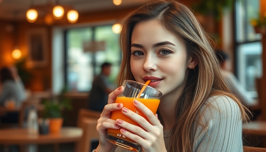 Young woman enjoying carrot juice for tanning hack in a cozy cafe.