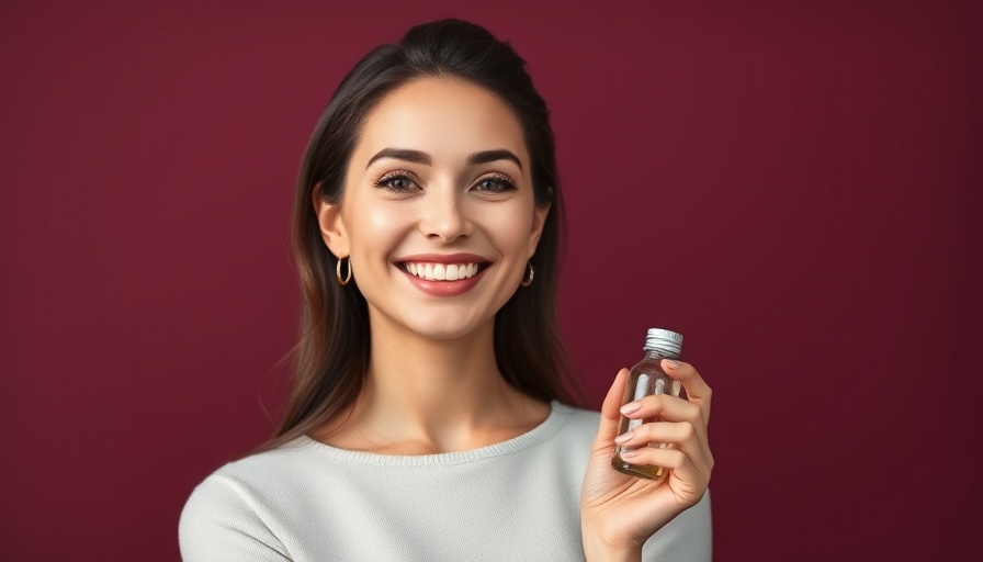 Confident woman holding product for mental wellness, smiling.