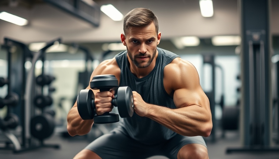 Man performing dumbbell squat in gym, part of dumbbell-only leg workout.