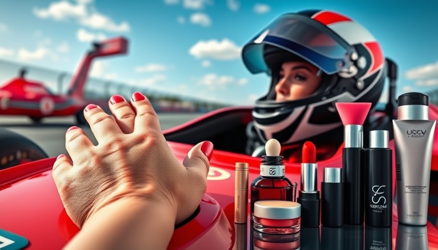 Beauty brands in motorsport displayed through nail art, racer, and products.