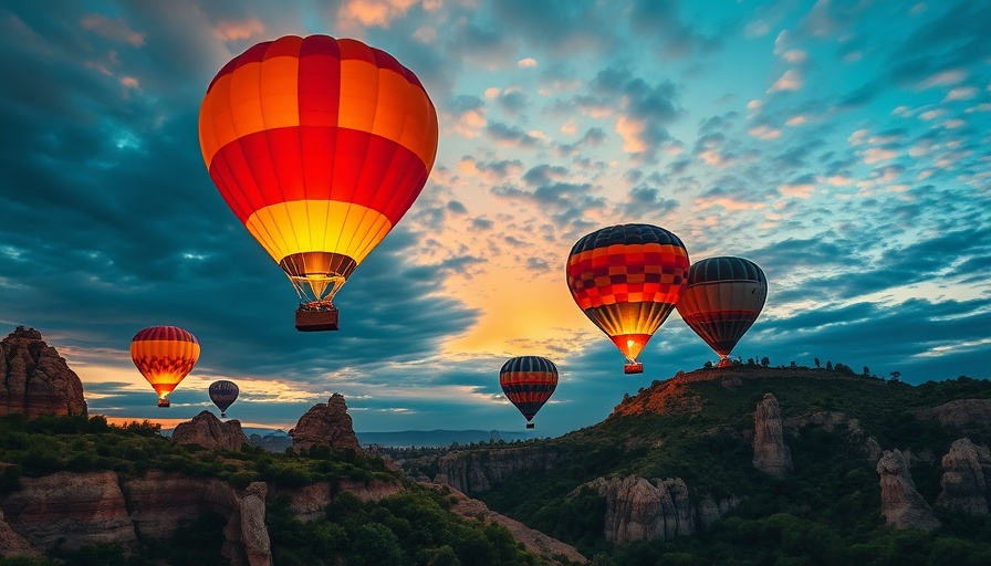 Vibrant hot air balloons over surreal landscapes at sunset, Real-Life Fantasy Destinations.