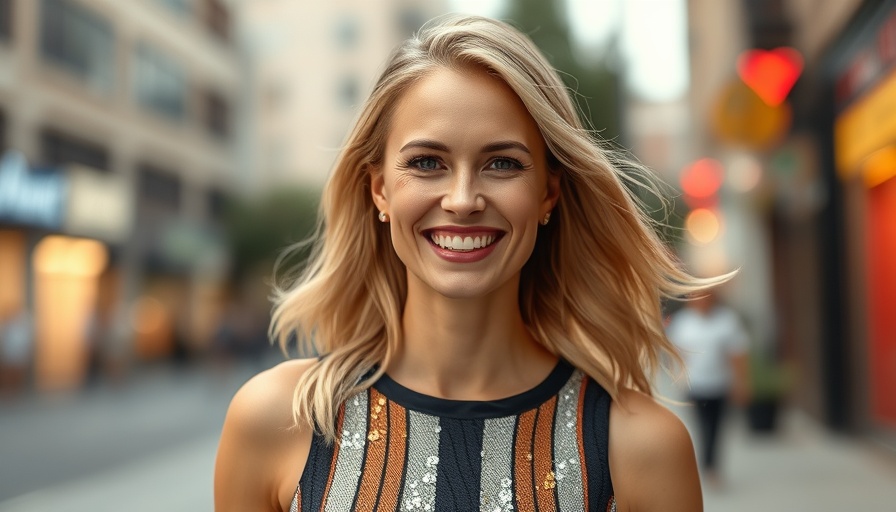 Blonde woman smiling in sequined dress, close-up portrait.