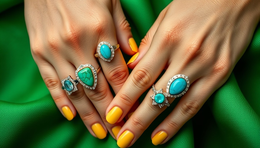Butter yellow nail polish on elegant hands with turquoise rings.