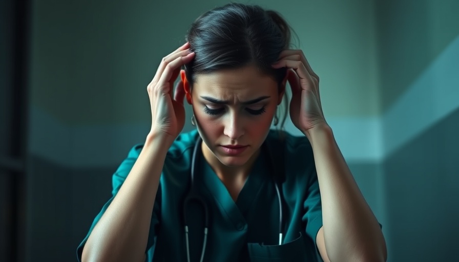 Stressed woman in workplace 2025, head in hands, dim lighting
