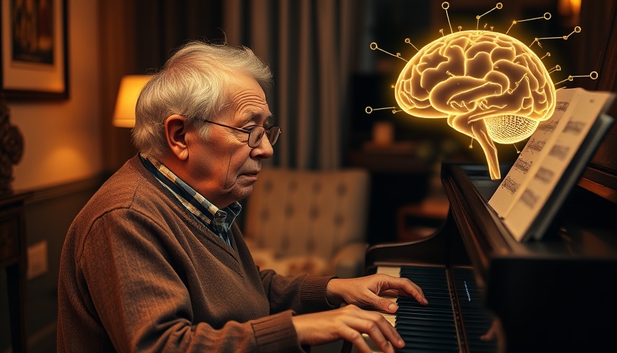 Playing music helps older brains stay sharp: elderly person at piano with glowing brain.