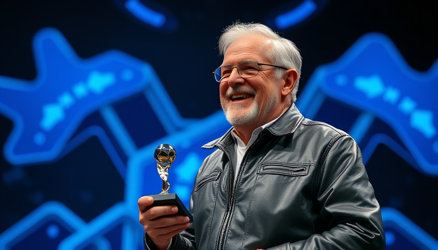 AI enhancing cognitive skills: Man delivering speech on futuristic stage.