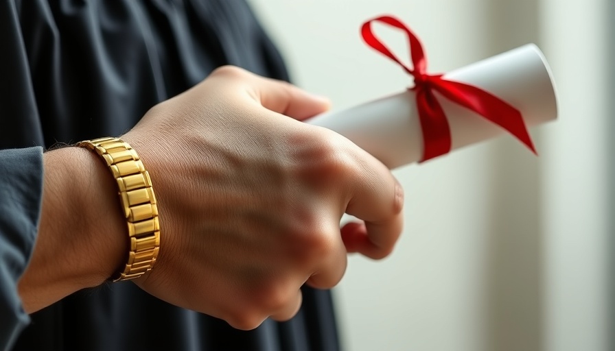 Close-up of hand with watch holding diploma, representing the invisible part of commencement.