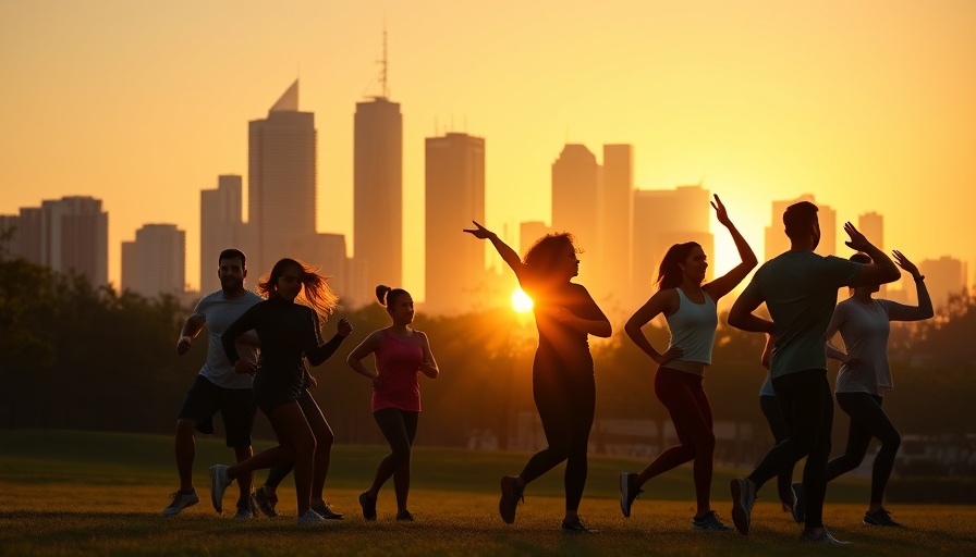 Group exercising outdoors at sunrise, behavioral sciences in health policy influence.