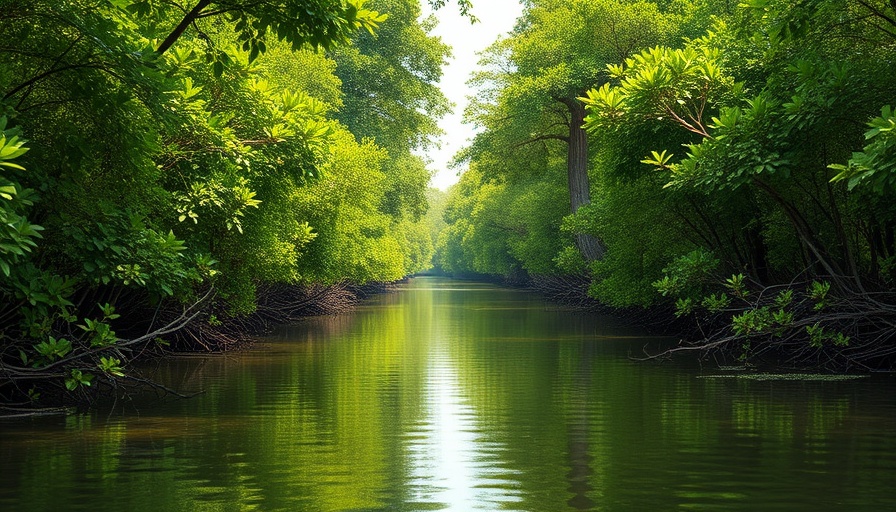 Dense vibrant mangrove forest reflecting on calm waterway, symbolizing adaptive leadership during crisis.