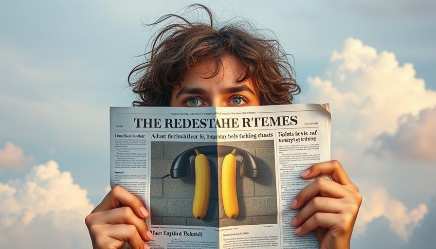 Surreal image of person with newspaper and banana phone for AI decision-making platform.