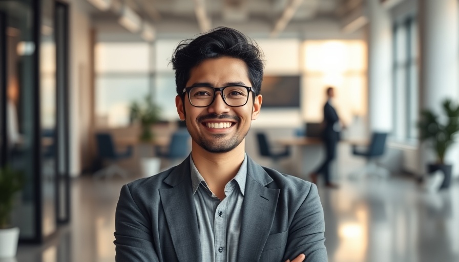 Confident person in modern office showing androgynous leadership traits.