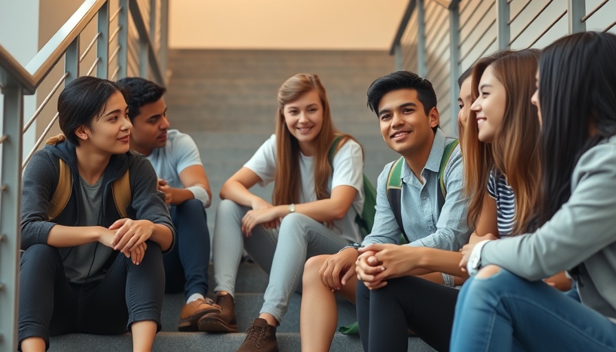 College students discussing mental health on stairwell.