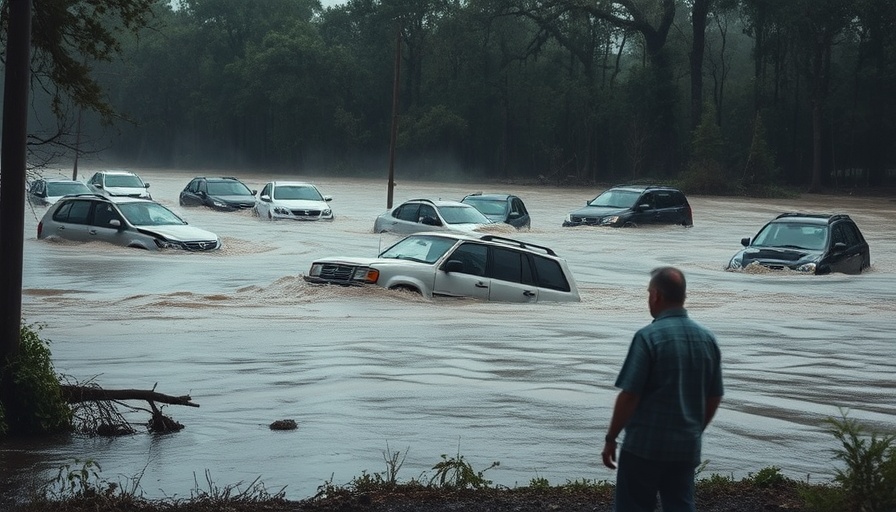 Crisis management scene of Texas floods showing submerged cars.