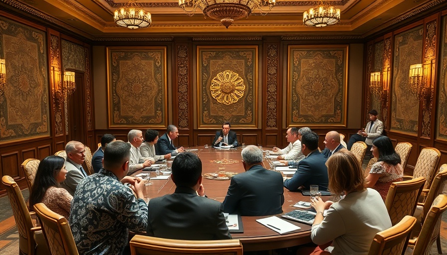 Traditional leadership meeting addressing drug crisis in a decorated conference room.