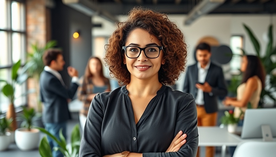 Confident female leader in office, illustrating leadership success.