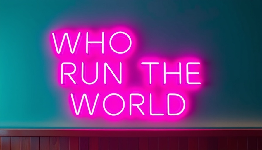 Neon sign reading 'WHO RUN THE WORLD' on teal wall.