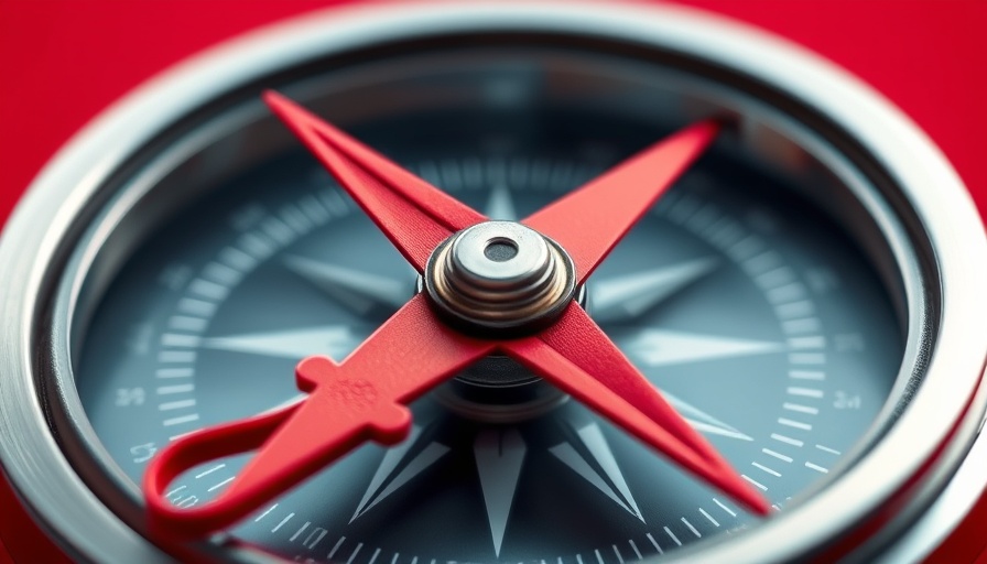 Close-up compass with red arrow on red background for decision-making
