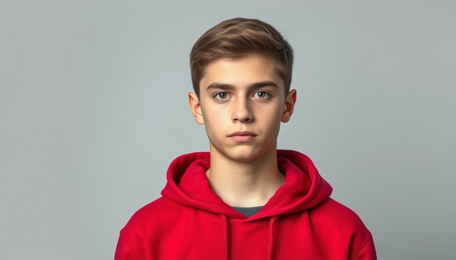 Serious young teenager in red hoodie, neutral background.