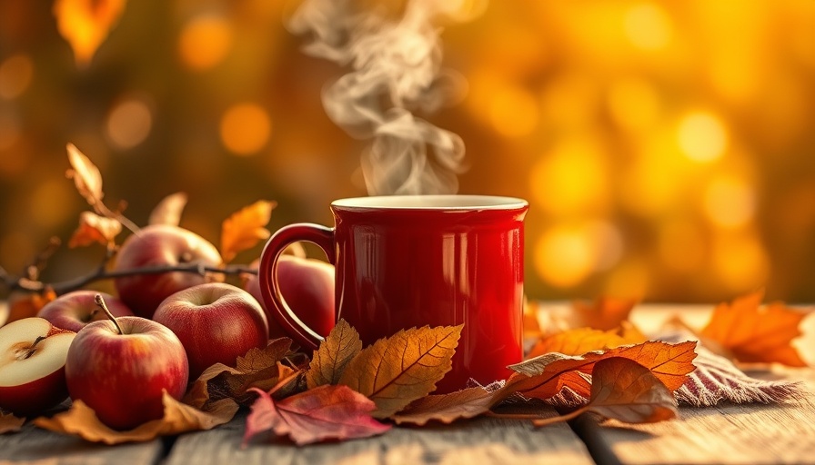 Cozy autumn scene with a red mug and apples symbolizing employee engagement strategies.