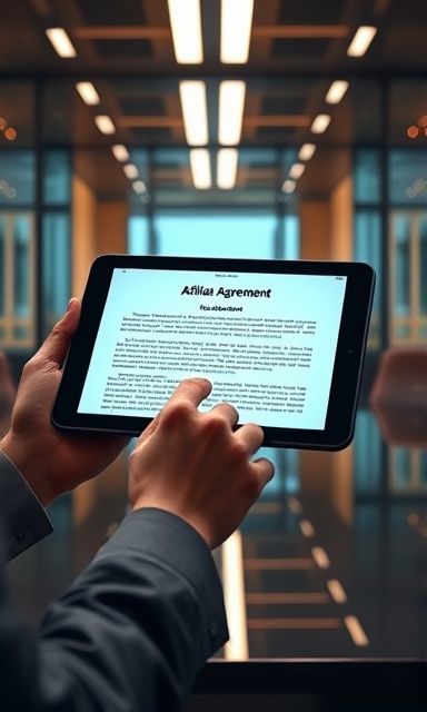executive affiliate agreement, decisive, being read on a tablet, photorealistic, in a sleek boardroom with glass walls, highly detailed, reflections on the tablet screen, sleek modern aesthetics, warm tones, overhead LED lighting, shot with a 35mm lens.