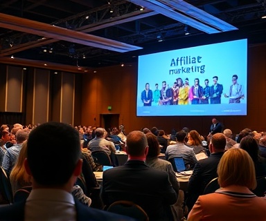 affiliate marketing event, engaging, presenting information on a screen, photorealistic, in a large conference room with attendees, highly detailed, dynamic interaction among audience members, vibrant digital screen display, balanced lighting, shot with a 24mm lens.