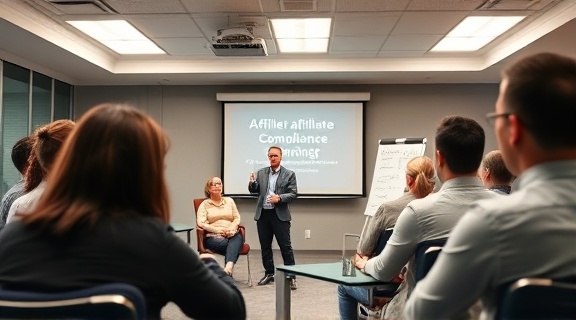 affiliate compliance training session, educational, speaking to a group, photorealistic, in a corporate training room with a projector and whiteboard, highly detailed, animated gestures of speaker, harmonious color scheme, even fluorescent lighting, shot with a zoom 70-200mm lens.