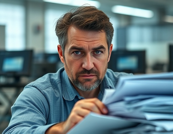 dedicated quality assurance, determined expression, analyzing reports, photorealistic, office environment with stacks of documented papers, highly detailed, computers in the background, f/2.8 ISO 400, soft whites and blues, ambient lighting, shot with an 85mm lens.