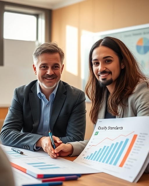 professional quality standards assessment, confident expression, reviewing process charts, photorealistic, conference room with a whiteboard, highly detailed, markers and graphs visible, f/4.0 ISO 200, warm tones, natural daylight streaming, shot with a 35mm lens.