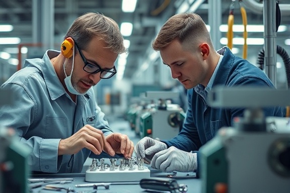 thorough quality check, attentive expression, examining products, photorealistic, assembly line with modern equipment, highly detailed, small tools scattered, f/5.6 ISO 100, cool colors, fluorescent lighting, shot with a 24mm lens.