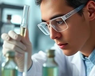 precise quality control session, analytical expression, testing materials, photorealistic, laboratory with glass apparatus, highly detailed, chemical reactions happening, f/4.5 ISO 320, neutral colors, controlled lighting, shot with a 100mm macro lens.
